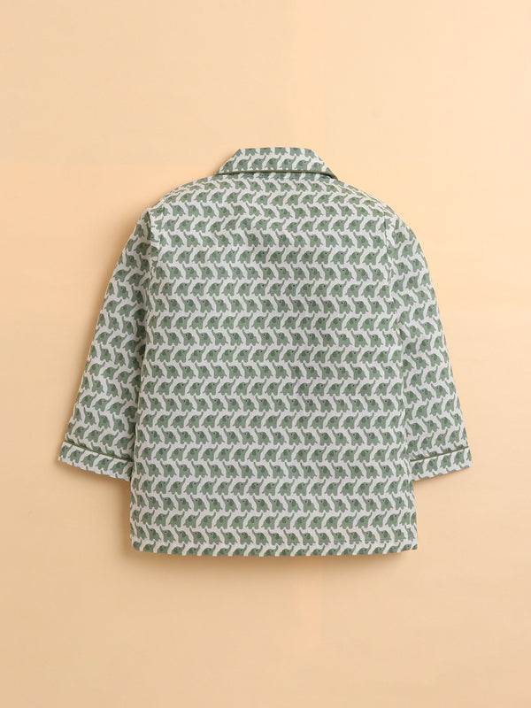 Polka Tots Full sleeve Elephant Print Night suit - Green