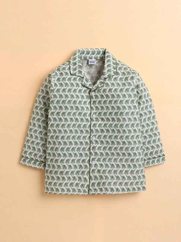 Polka Tots Full sleeve Elephant Print Night suit - Green