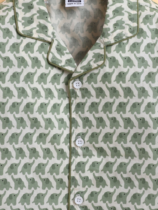 Polka Tots Full sleeve Elephant Print Night suit - Green