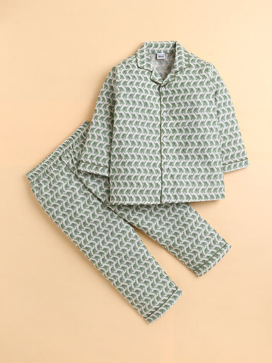 Polka Tots Full sleeve Elephant Print Night suit - Green