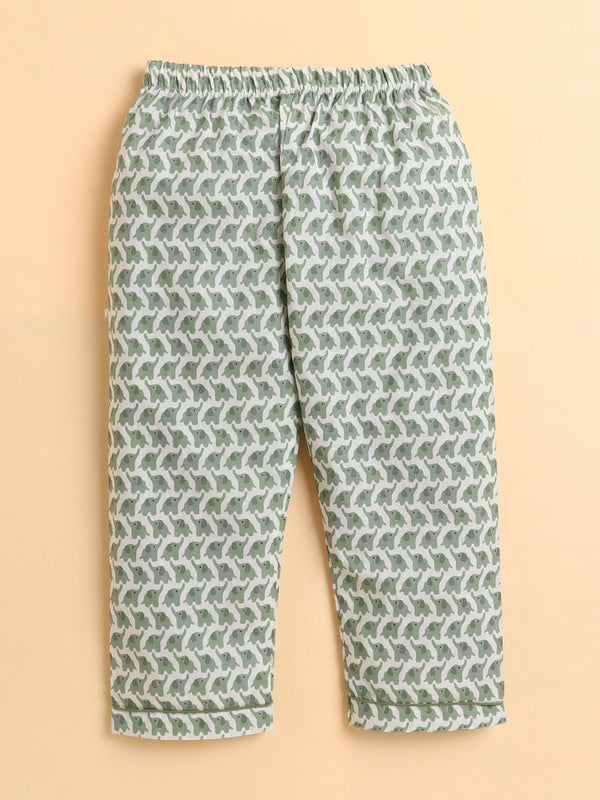 Polka Tots Full sleeve Elephant Print Night suit - Green