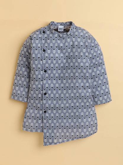 Polka Tots Cotton Full Sleeve Geometric Print Ethnic Kurta Pyjama Set - Grey