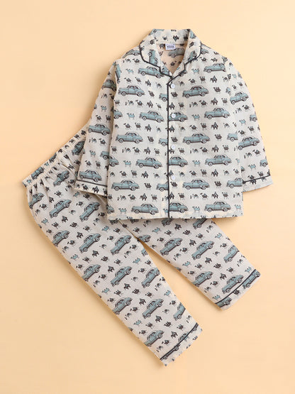 Polka Tots Full sleeve Elephant and Car Print Night suit - Grey