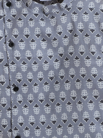 Polka Tots Cotton Full Sleeve Geometric Print Ethnic Kurta Pyjama Set - Grey