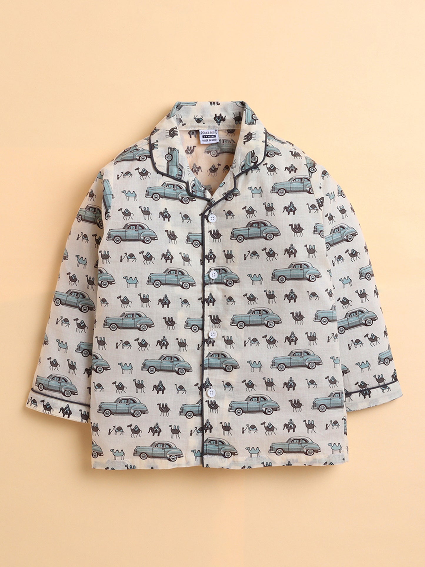 Polka Tots Full sleeve Elephant and Car Print Night suit - Grey