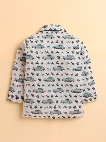 Polka Tots Full sleeve Elephant and Car Print Night suit - Grey