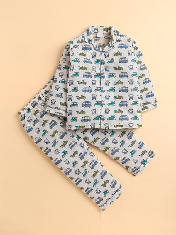 Polka Tots Full sleeve Vehicle Print Night suit - Blue