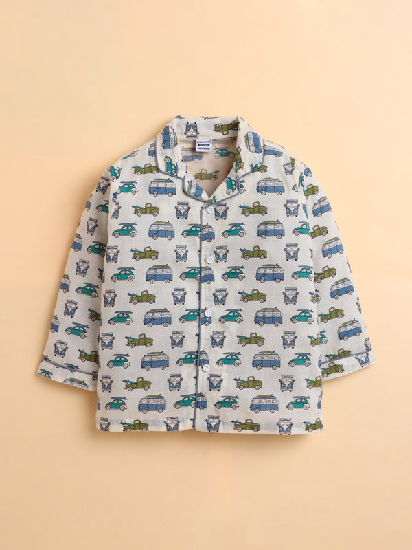 Polka Tots Full sleeve Vehicle Print Night suit - Blue