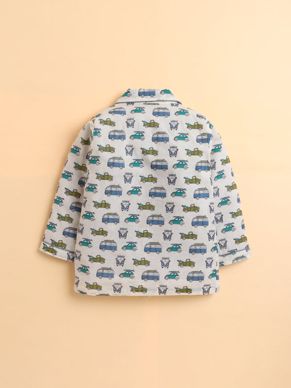 Polka Tots Full sleeve Vehicle Print Night suit - Blue
