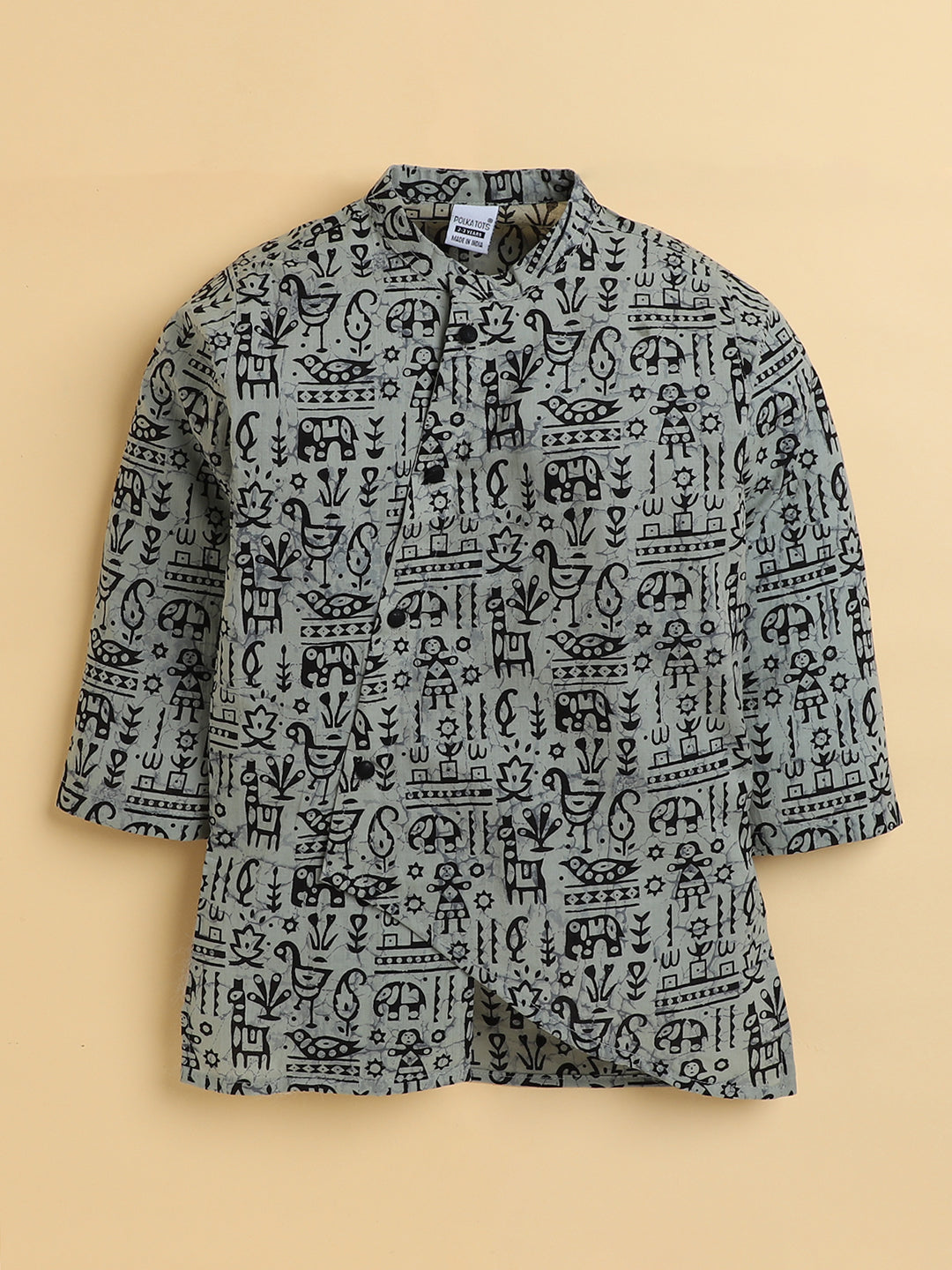 Polka Tots Cotton Full Sleeve Tribal Print Ethnic Kurta Pyjama Set - Black