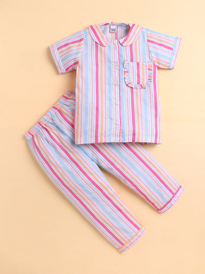 Polka Tots Half sleeves Rainbow Stripes print Night Suit - Multicolor