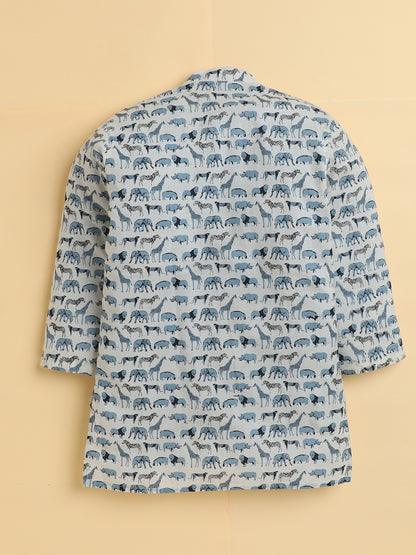 Polka Tots Full Sleeve Animal Safari Print Ethnic Kurta Pyjama Set - Cream