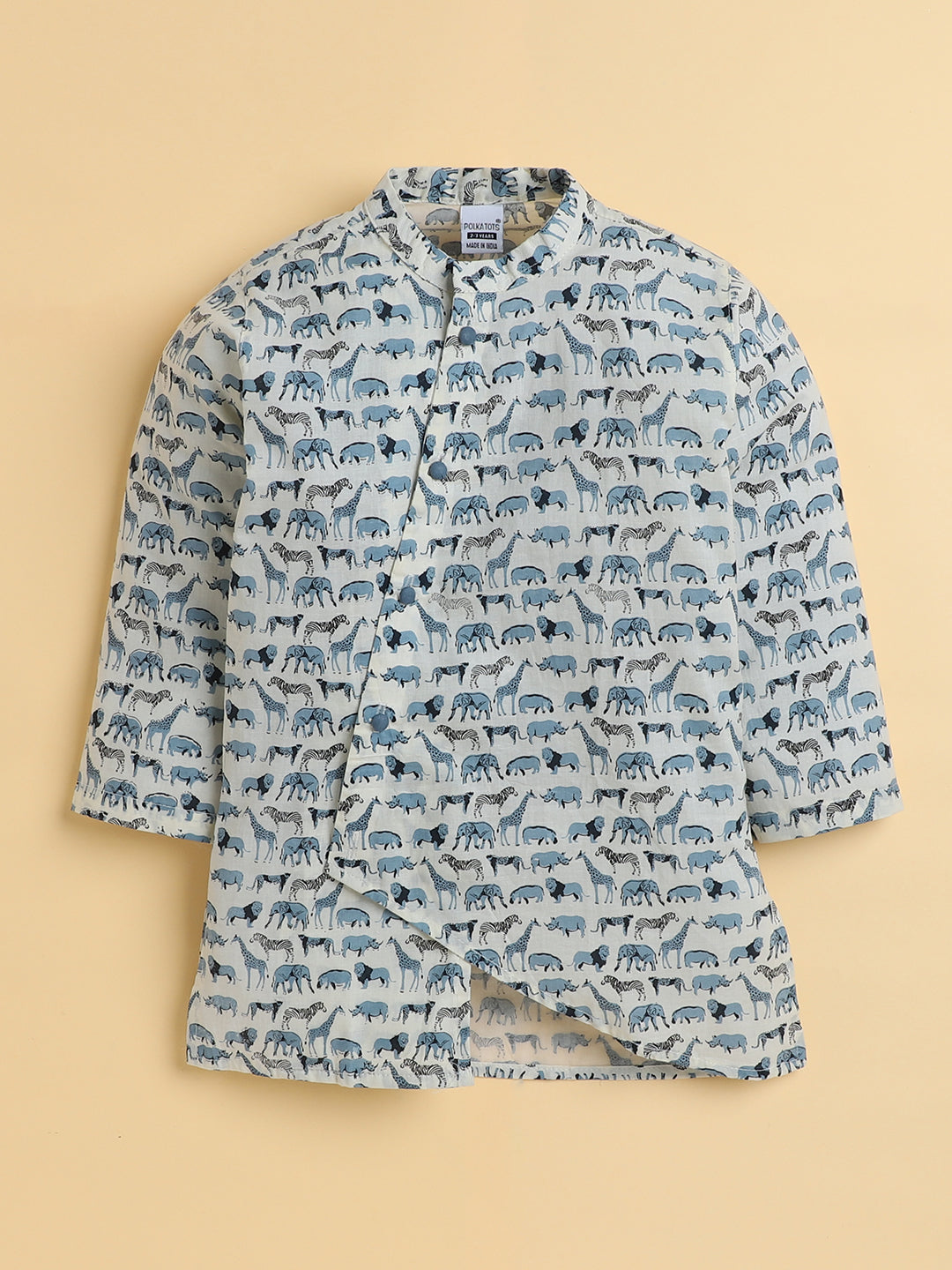 Polka Tots Full Sleeve Animal Safari Print Ethnic Kurta Pyjama Set - Cream