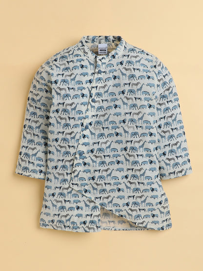 Polka Tots Full Sleeve Animal Safari Print Ethnic Kurta Pyjama Set - Cream