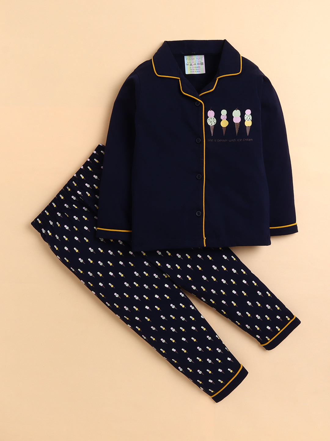 Polka Tots Full sleeve Ice cream Print Night suit - Navy