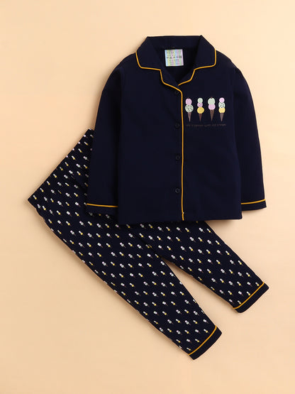Polka Tots Full sleeve Ice cream Print Night suit - Navy
