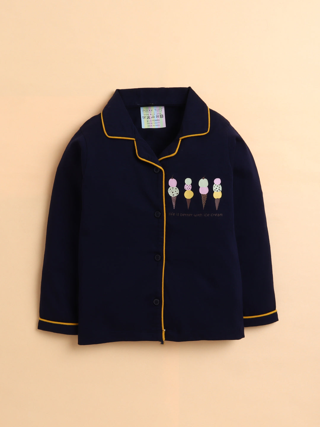 Polka Tots Full sleeve Ice cream Print Night suit - Navy