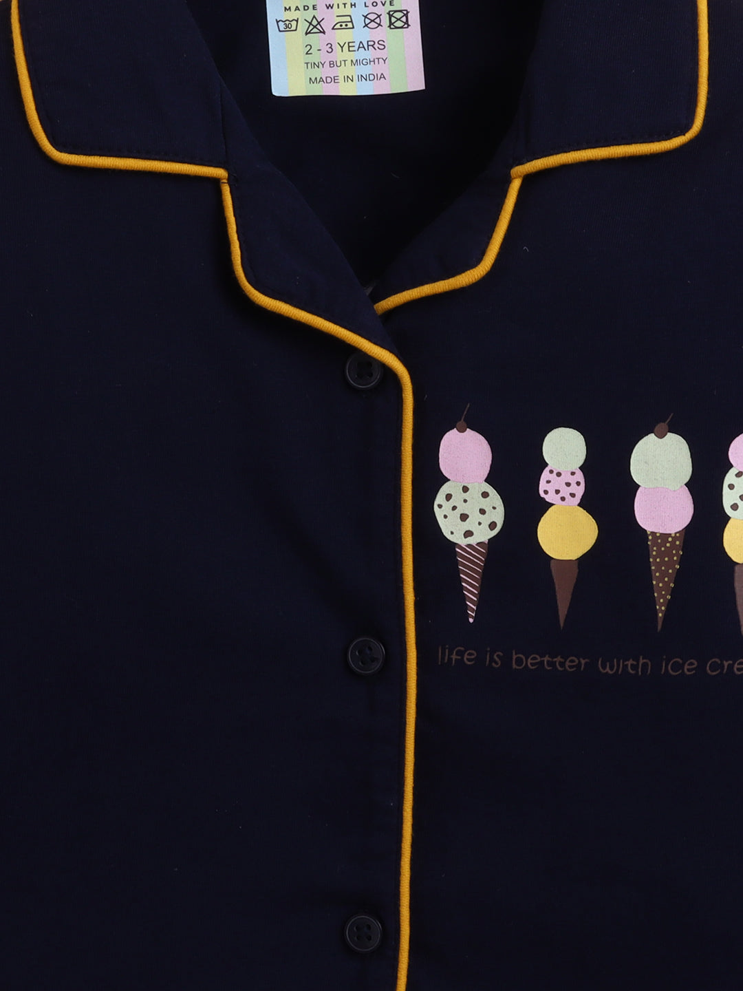 Polka Tots Full sleeve Ice cream Print Night suit - Navy