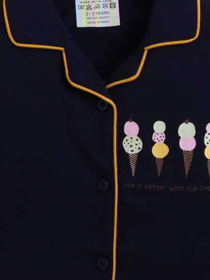 Polka Tots Full sleeve Ice cream Print Night suit - Navy