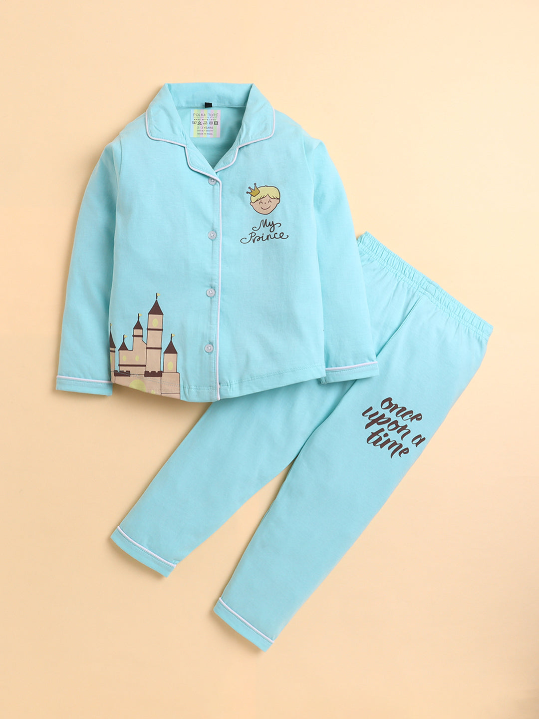 Polka Tots Full sleeve My Prince Print Night suit - Blue