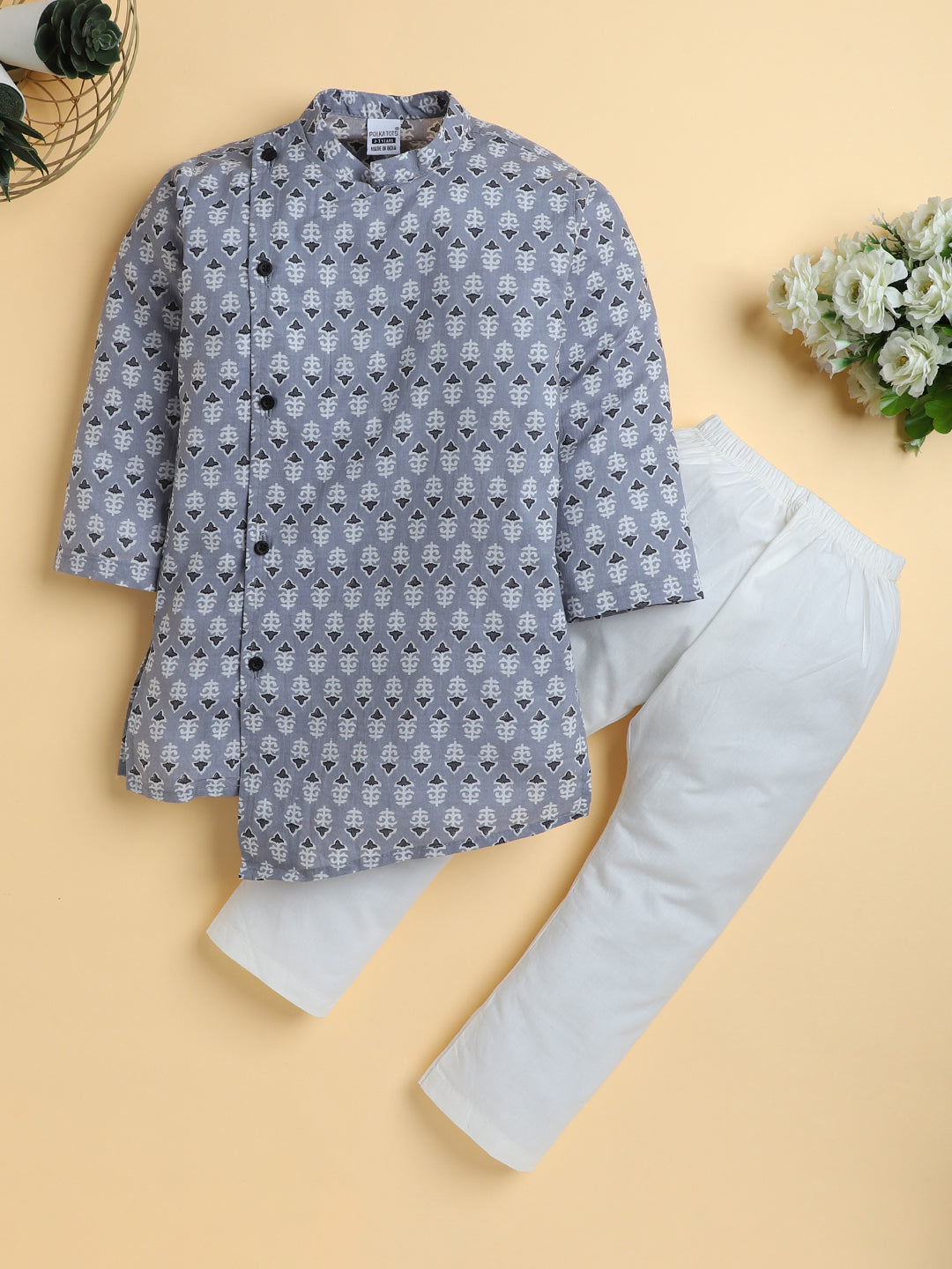 Polka Tots Cotton Full Sleeve Geometric Print Ethnic Kurta Pyjama Set - Grey