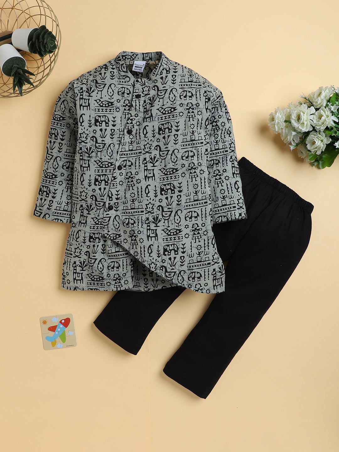 Polka Tots Cotton Full Sleeve Tribal Print Ethnic Kurta Pyjama Set - Black