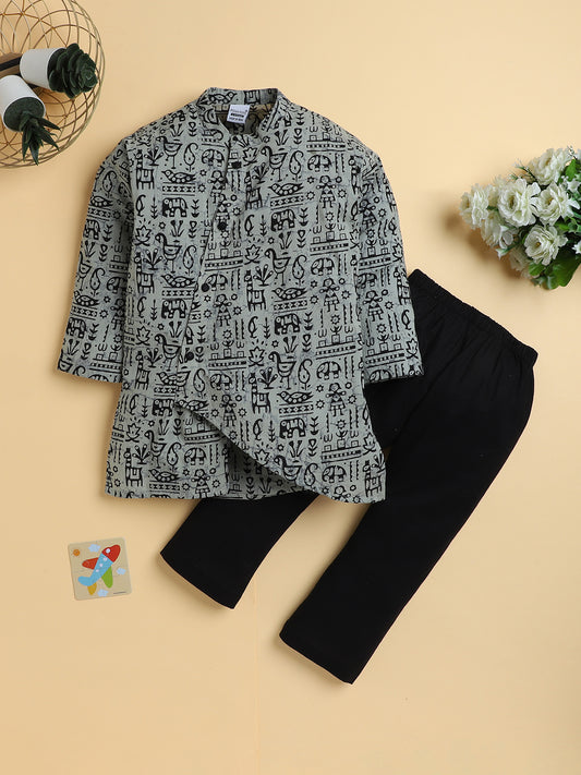 Polka Tots Cotton Full Sleeve Tribal Print Ethnic Kurta Pyjama Set - Black
