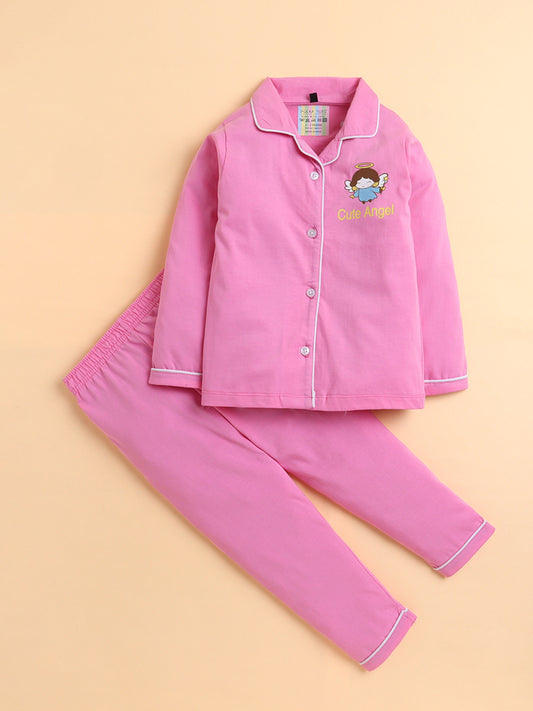 Polka Tots Full sleeve Cute Angel Print Night suit - Pink