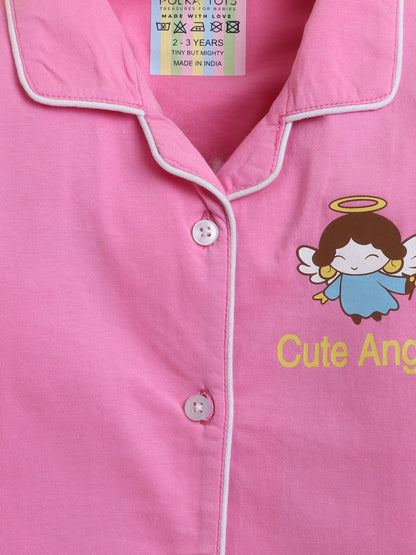 Polka Tots Full sleeve Cute Angel Print Night suit - Pink
