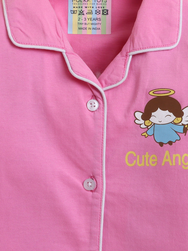 Polka Tots Full sleeve Cute Angel Print Night suit - Pink