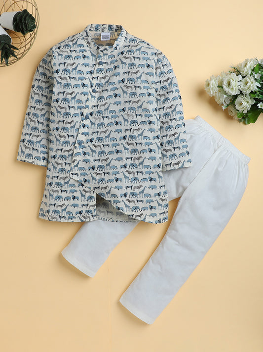 Polka Tots Full Sleeve Animal Safari Print Ethnic Kurta Pyjama Set - Cream
