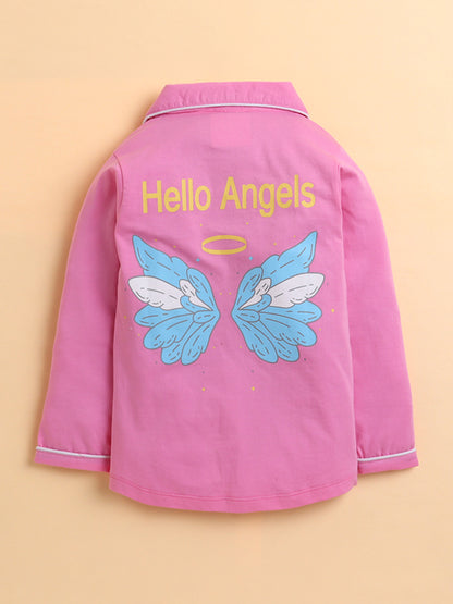Polka Tots Full sleeve Cute Angel Print Night suit - Pink