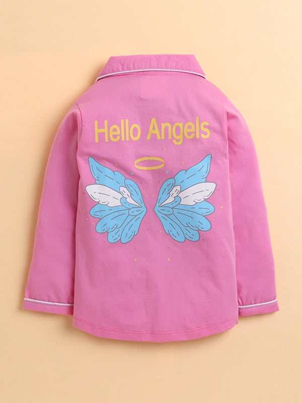 Polka Tots Full sleeve Cute Angel Print Night suit - Pink