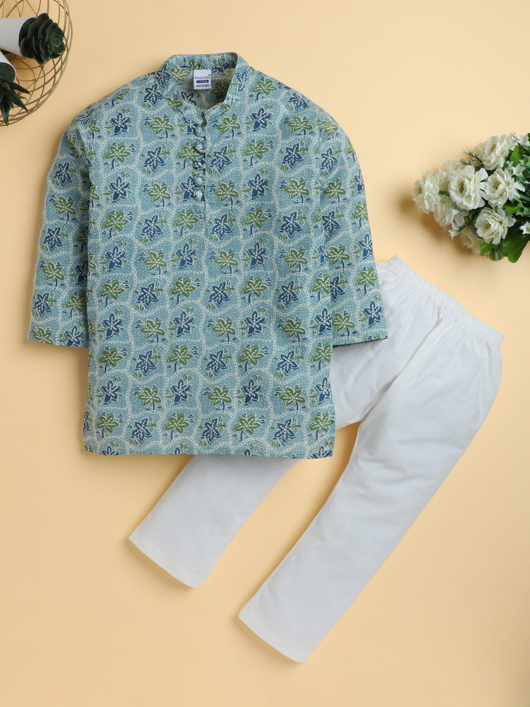 Polka Tots Cotton Full Sleeve Floral Printed Ethnic Kurta Pyjama Set - Green