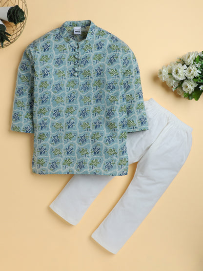 Polka Tots Cotton Full Sleeve Floral Printed Ethnic Kurta Pyjama Set - Green