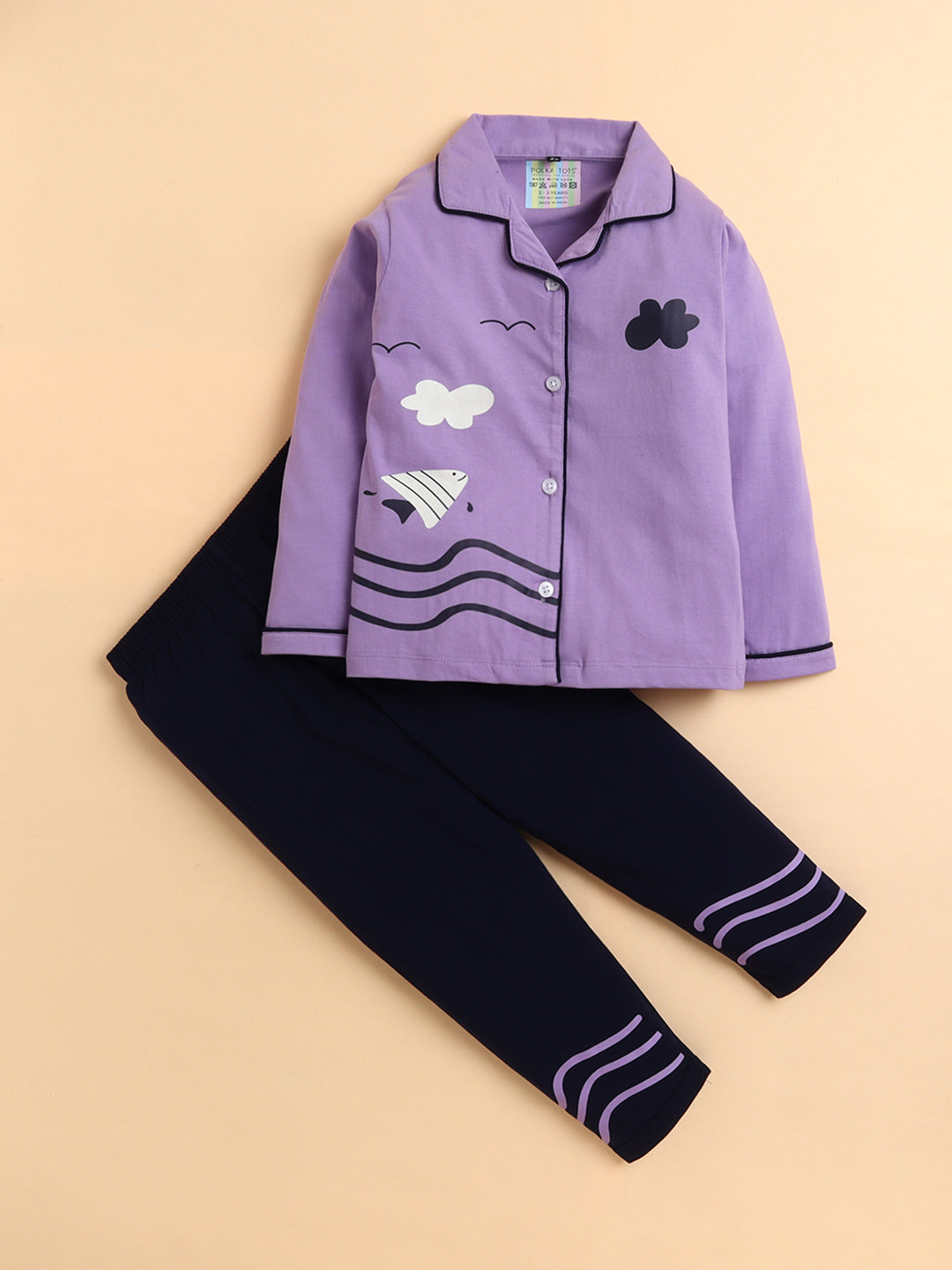 Polka Tots Full sleeve Fish print Night suit - Lavender
