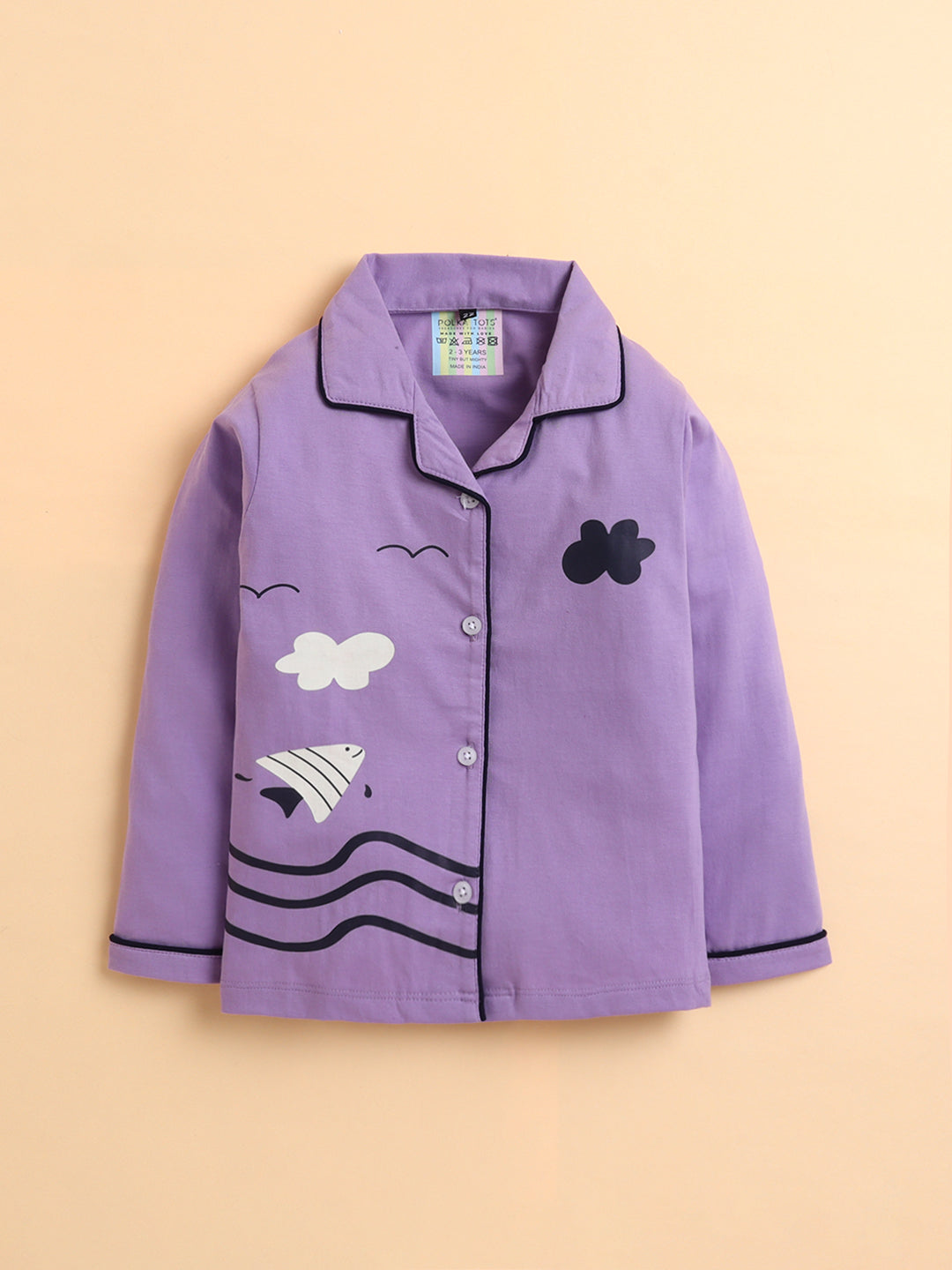 Polka Tots Full sleeve Fish print Night suit - Lavender