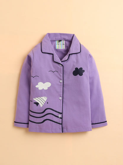 Polka Tots Full sleeve Fish print Night suit - Lavender