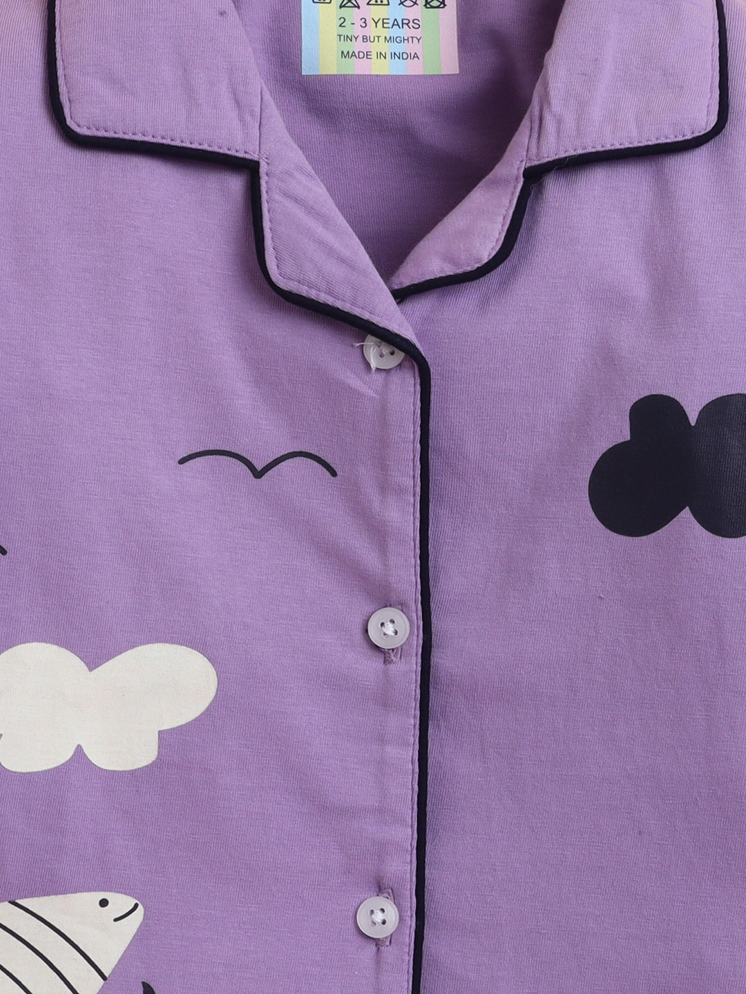 Polka Tots Full sleeve Fish print Night suit - Lavender