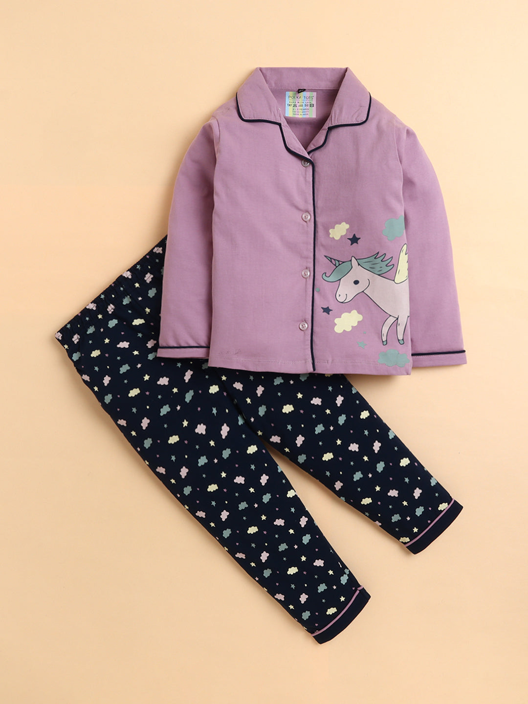 Polka Tots Full sleeve Unicorn Print Night suit - Lavender