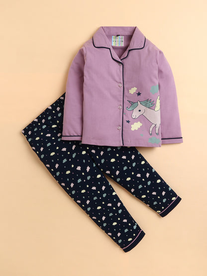 Polka Tots Full sleeve Unicorn Print Night suit - Lavender