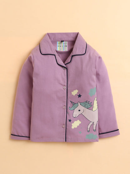 Polka Tots Full sleeve Unicorn Print Night suit - Lavender