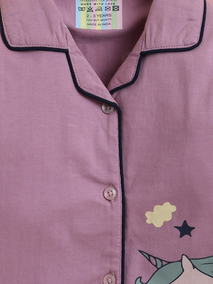 Polka Tots Full sleeve Unicorn Print Night suit - Lavender