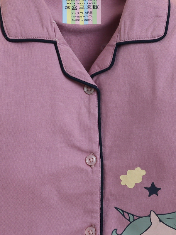 Polka Tots Full sleeve Unicorn Print Night suit - Lavender