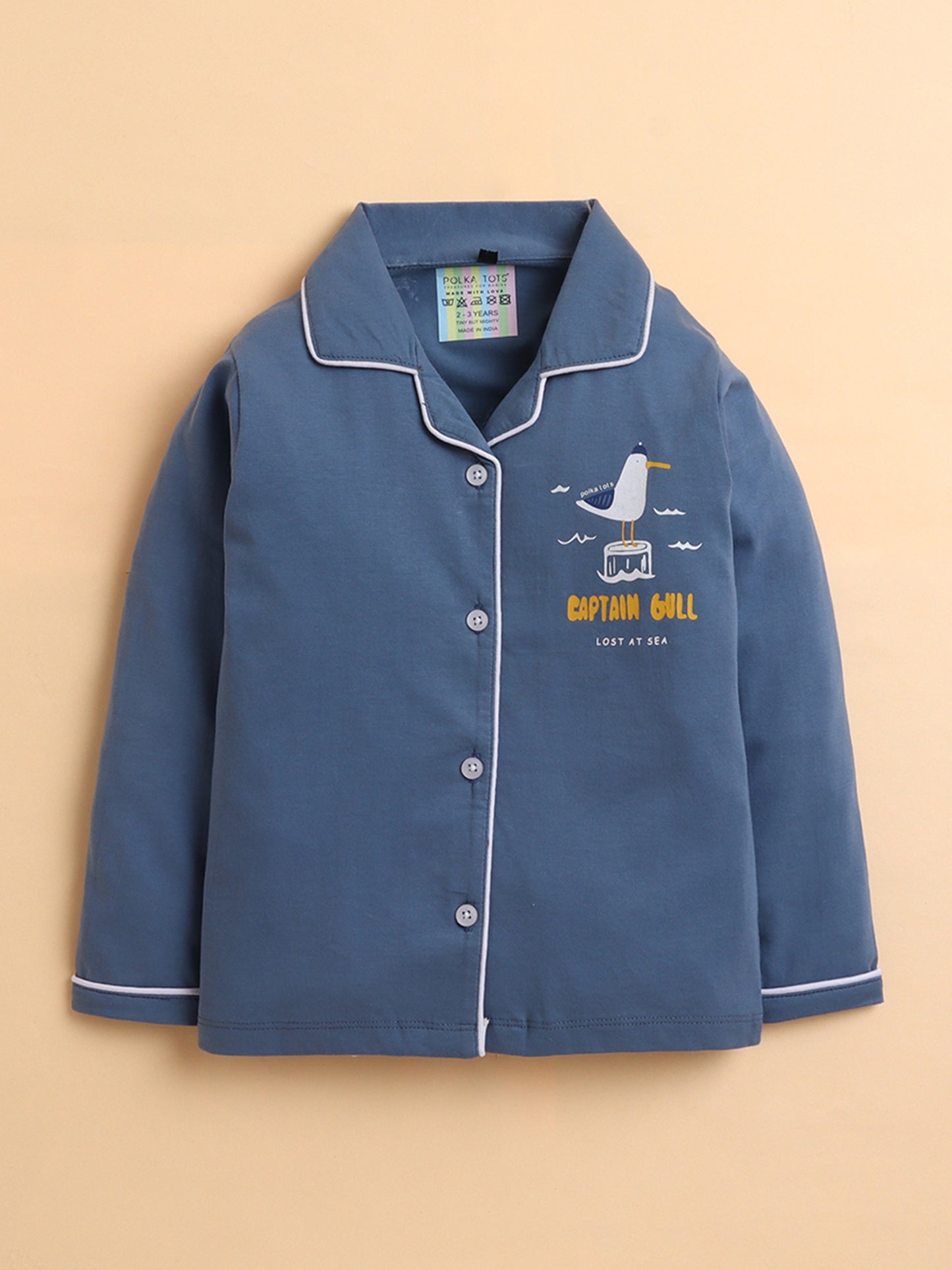 Polka Tots Full sleeve Captain Gull Print Night suit - Grey