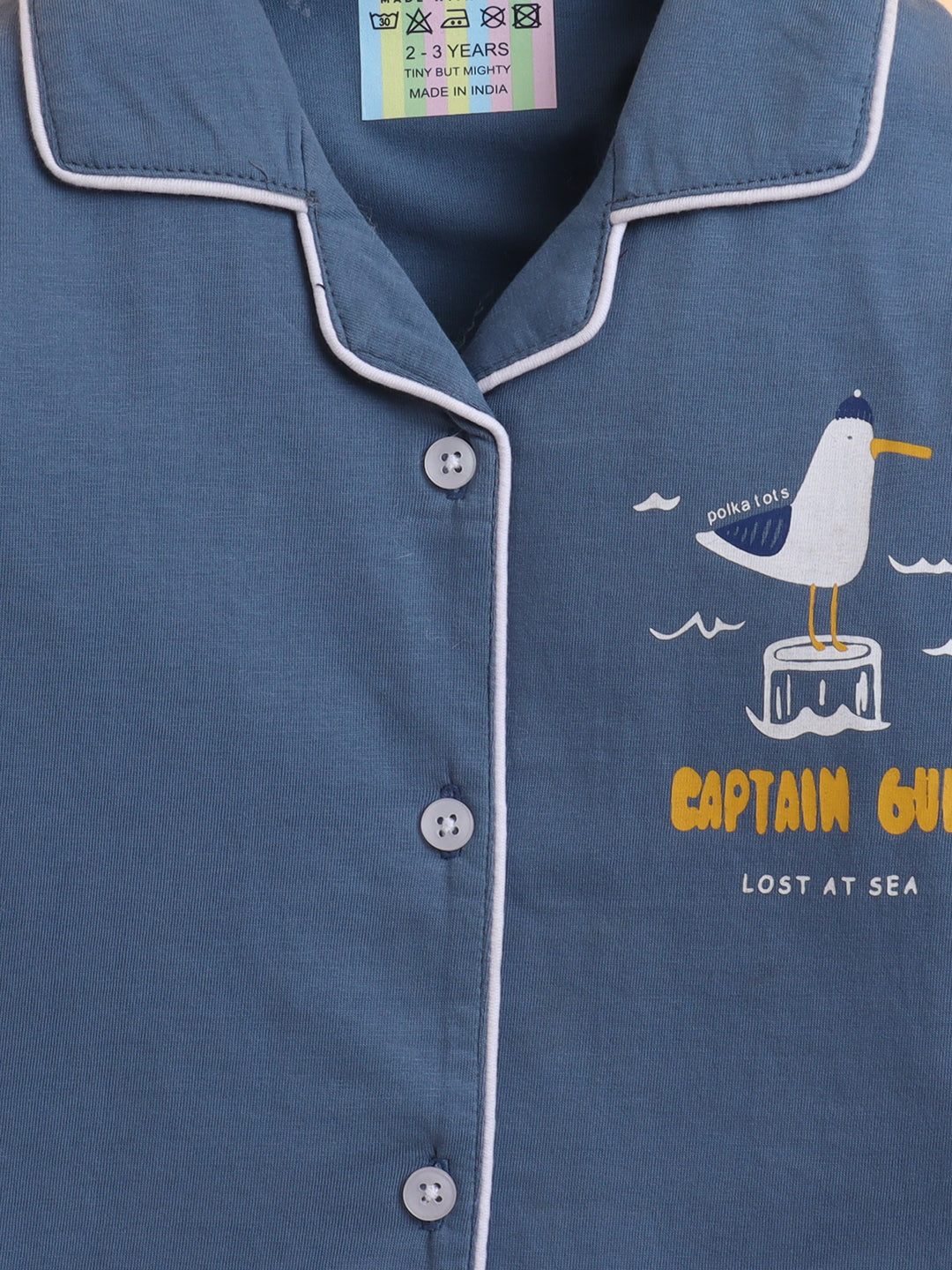 Polka Tots Full sleeve Captain Gull Print Night suit - Grey