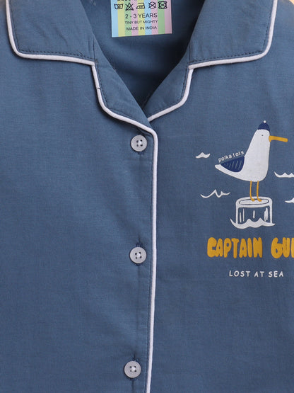 Polka Tots Full sleeve Captain Gull Print Night suit - Grey