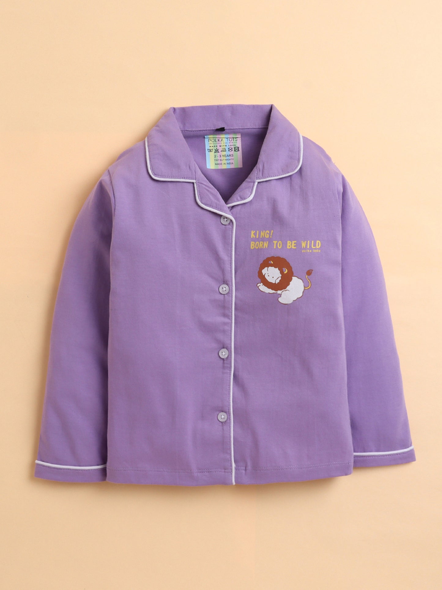 Polka Tots Full sleeve Lion King Night suit - Lavender