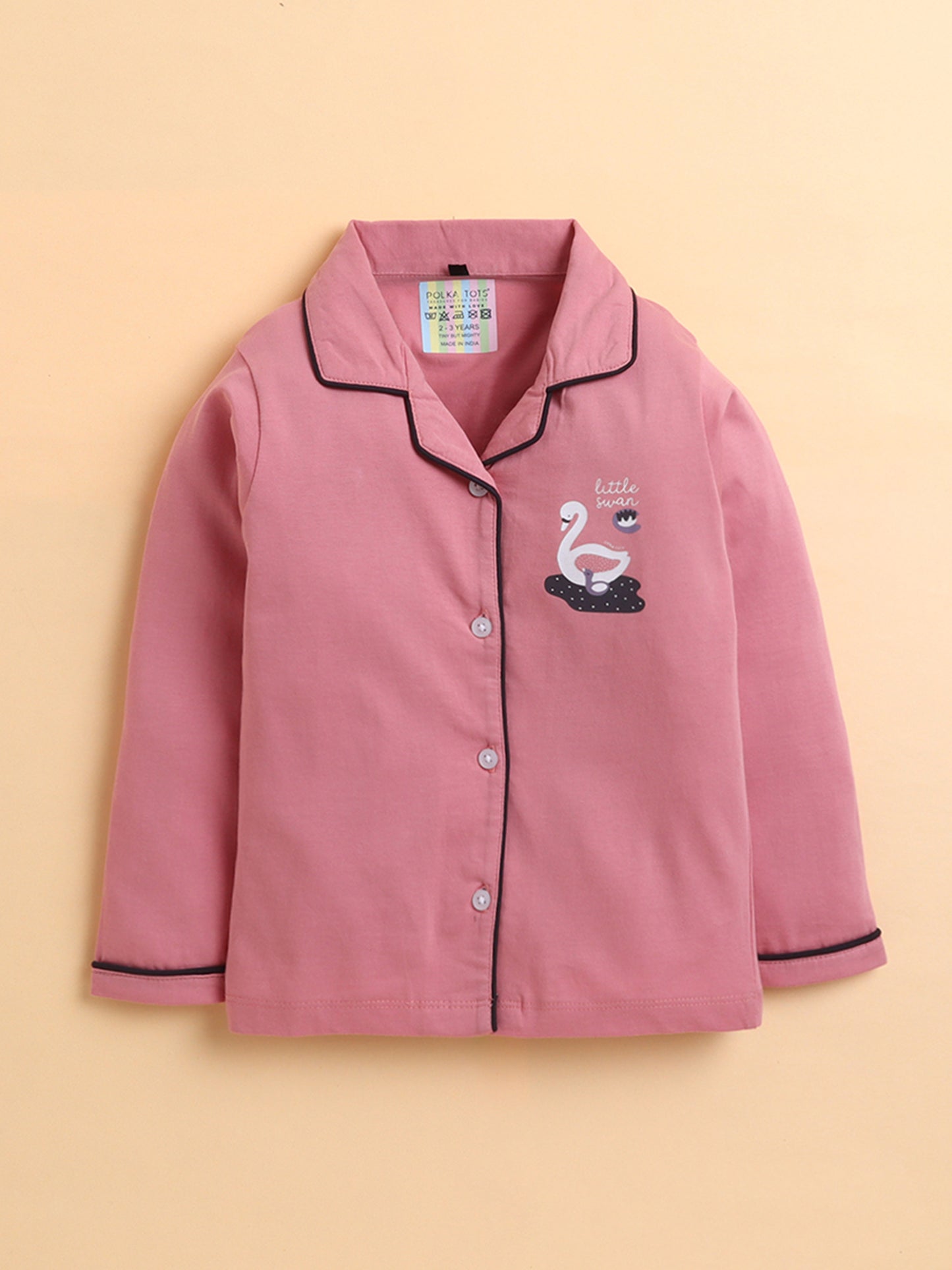 Polka Tots Full sleeve Little Swan Print Night suit - Peach