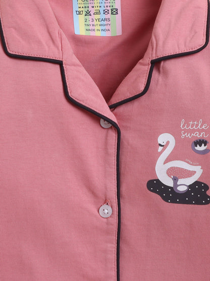 Polka Tots Full sleeve Little Swan Print Night suit - Peach